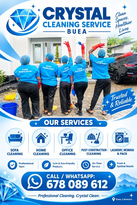 Crystal Cleaning Service Buea flyer: sofa, home, office, post-construction cleaning and laundry, ironing and pack. Call or WhatsApp 678 089 612.