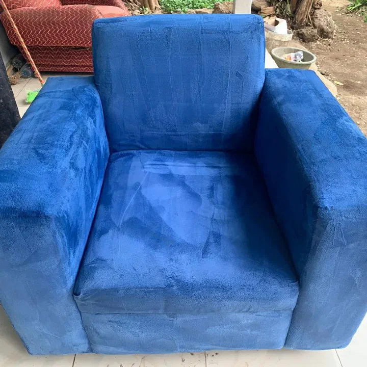 Blue fabric armchair — after cleaning